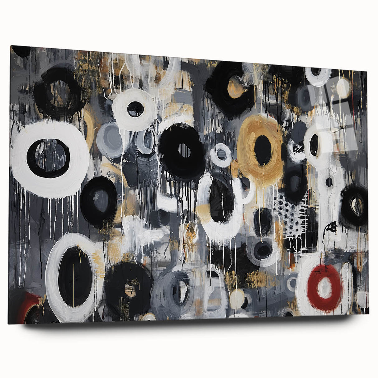 Abstract Circular Living Room Wall Art – Black, Gold & White Canvas