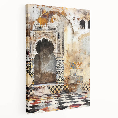 Abstract architectural wall art stretched on canvas, showcasing geometric patterns in shades of blue and gray, ideal for modern home decor. The side view highlights the depth and texture, making it a striking addition to contemporary interiors.