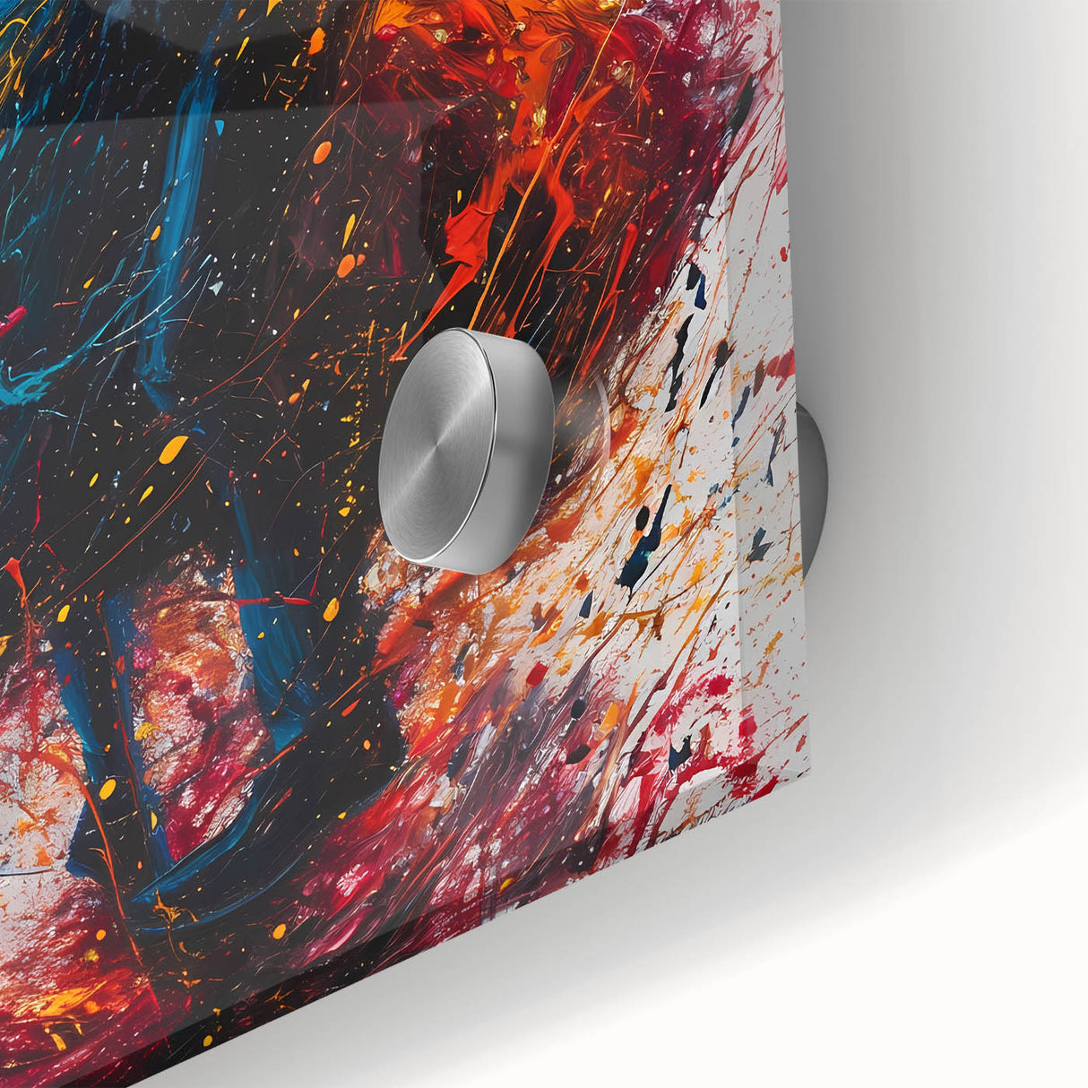 Close-up of an abstract figurative wall art piece printed on acrylic glass, showcasing vibrant colors and intricate textures, perfect for modern home decor.