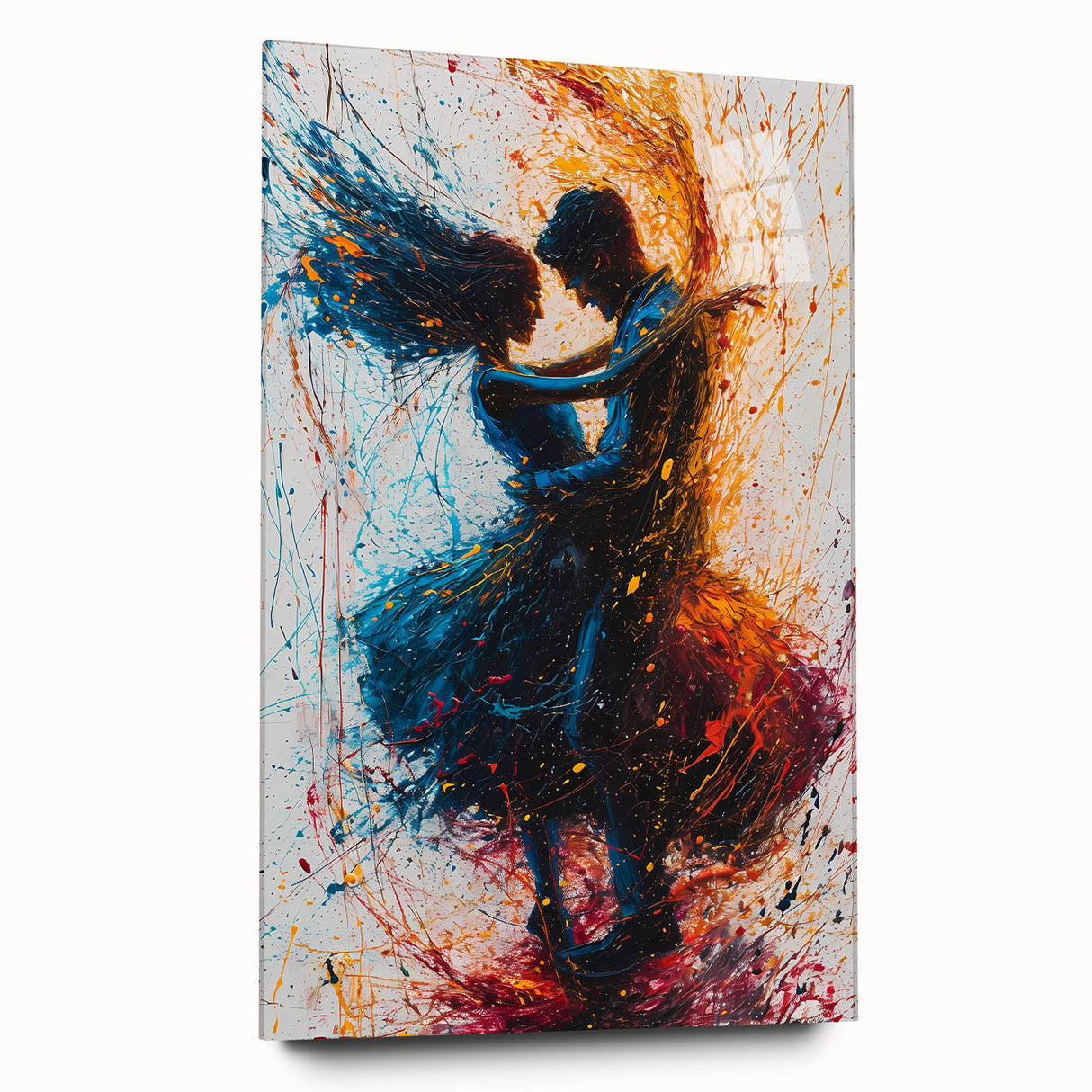 Abstract figurative wall art displayed in a sleek acrylic glass frame, showcasing vibrant colors and dynamic shapes, ideal for modern home decor.