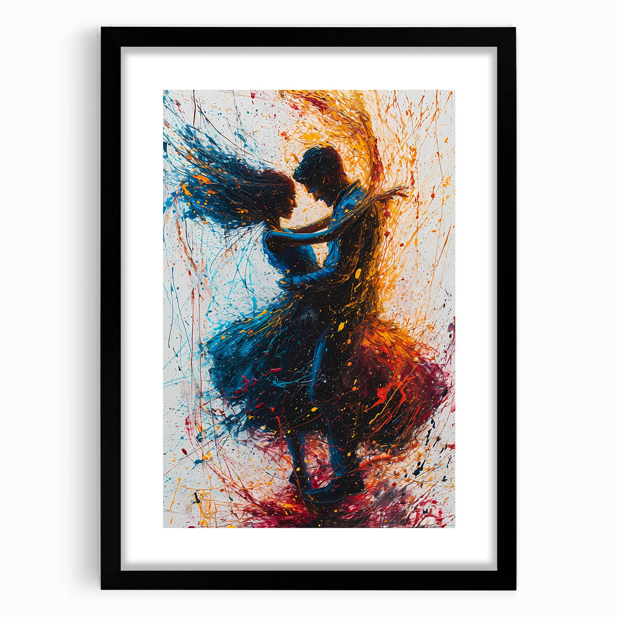 Abstract figurative wall art in a black frame with a mat, showcasing vibrant colors and dynamic shapes, ideal for modern interior decor and artistic expression.