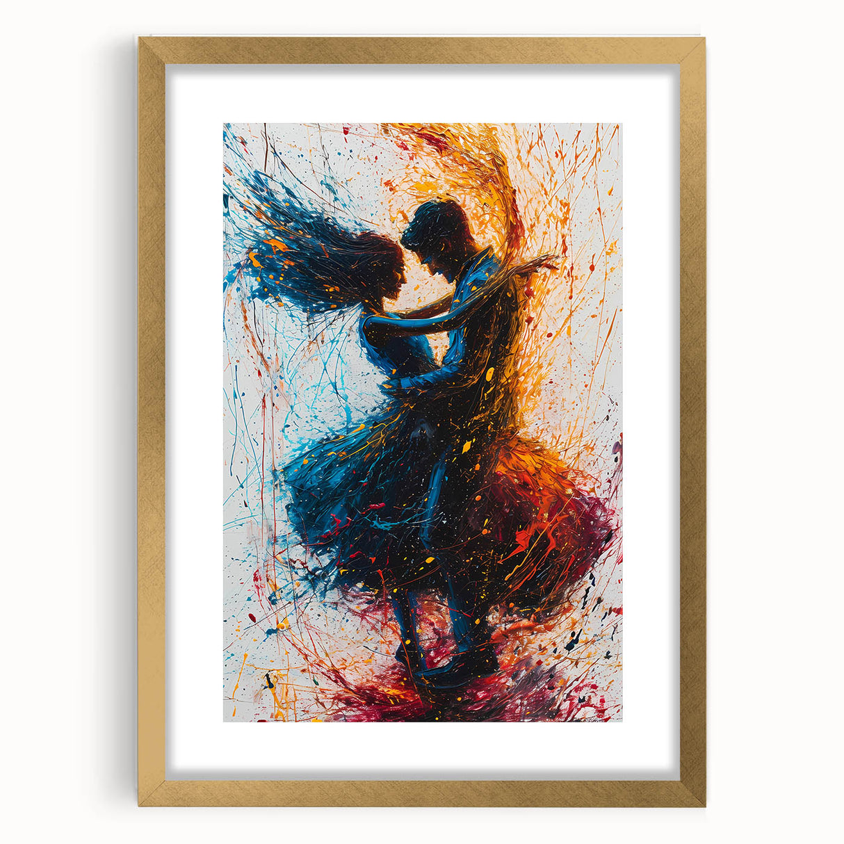 Abstract figurative wall art framed with a gold mat, showcasing vibrant colors and modern design elements, perfect for enhancing contemporary home decor.