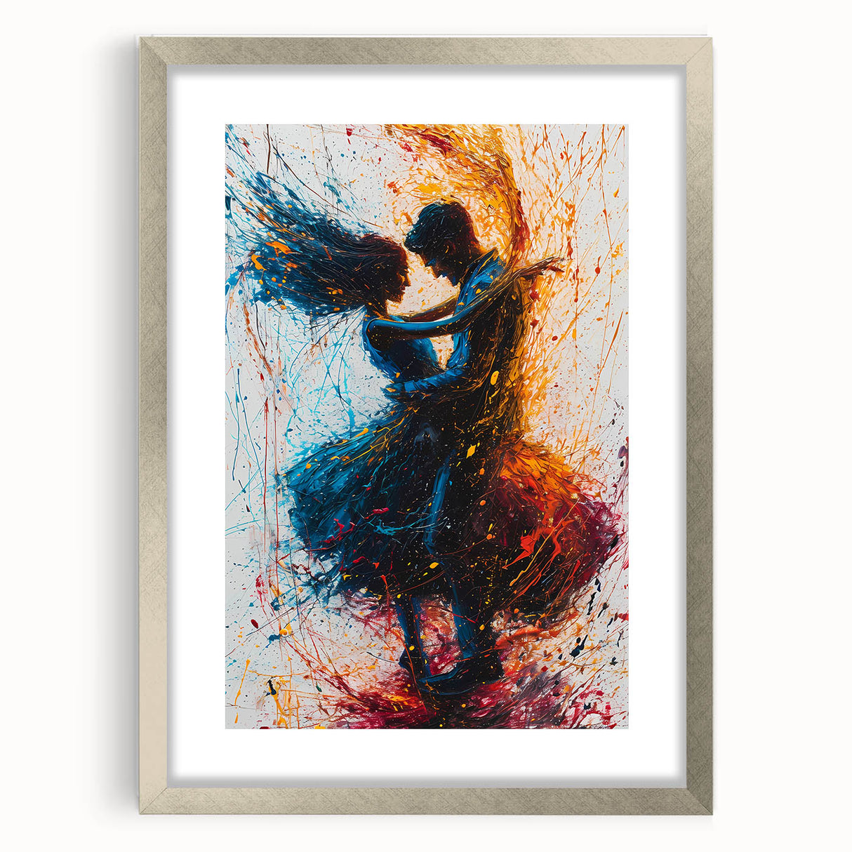 Abstract figurative wall art in a silver frame with a mat, showcasing vibrant colors and modern design elements, ideal for contemporary home decor.