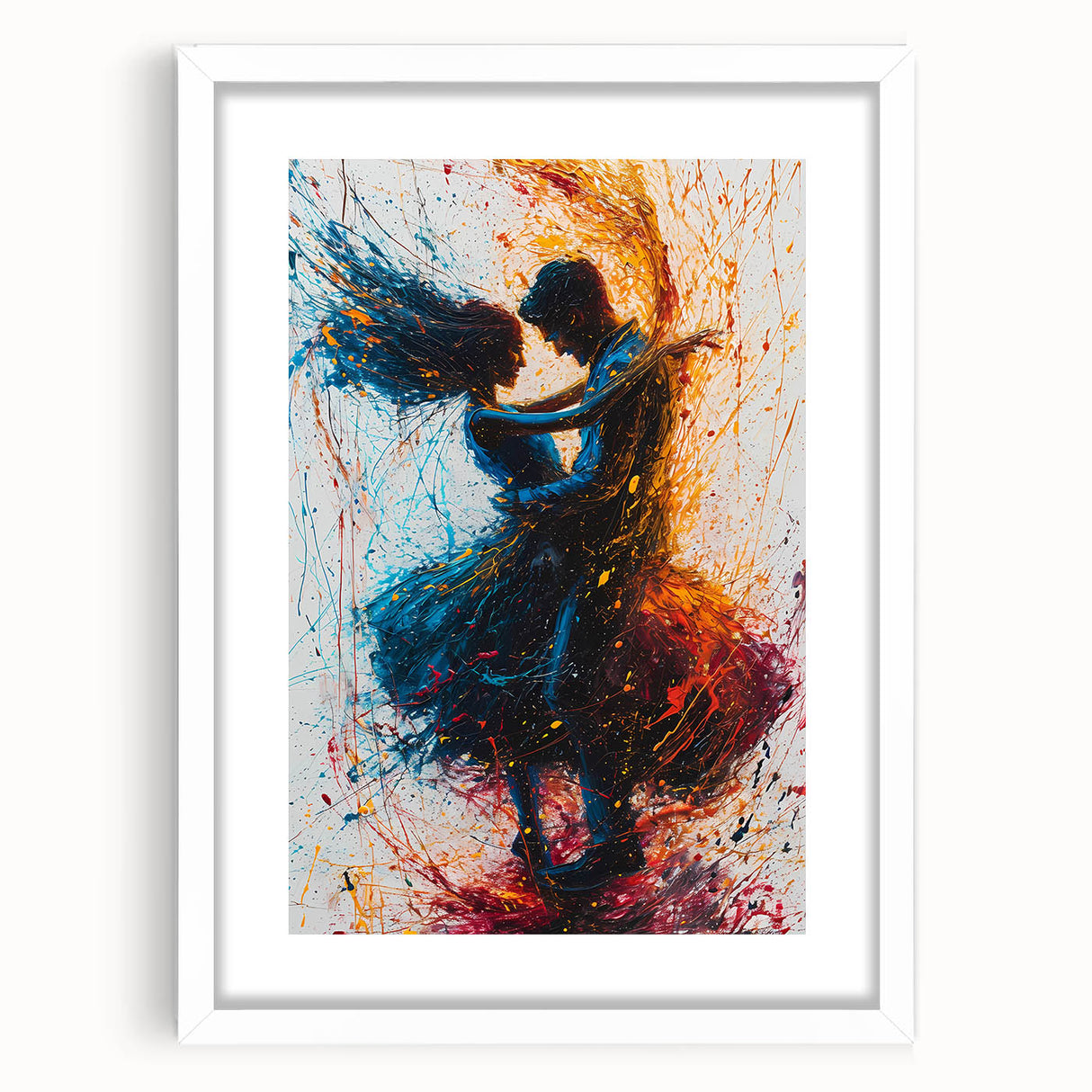 Abstract figurative wall art framed with a white mat, showcasing a vibrant mix of colors and dynamic shapes, perfect for modern home decor or office spaces.