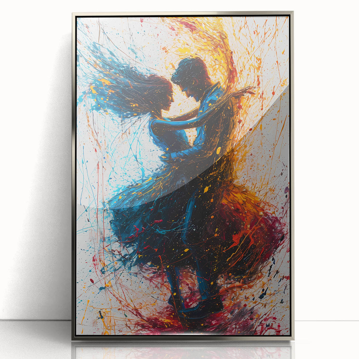 Framed abstract figurative wall art in a sleek silver design, showcasing dynamic shapes and colors, perfect for modern home decor.