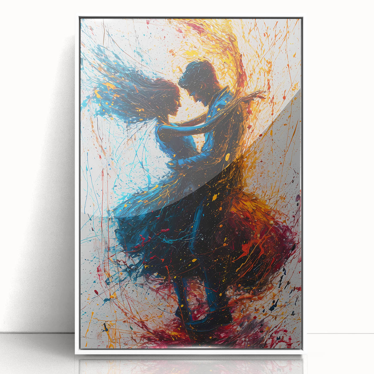 Framed abstract figurative wall art featuring a vibrant mix of colors, with an acrylic finish and a sleek white frame, perfect for modern decor.