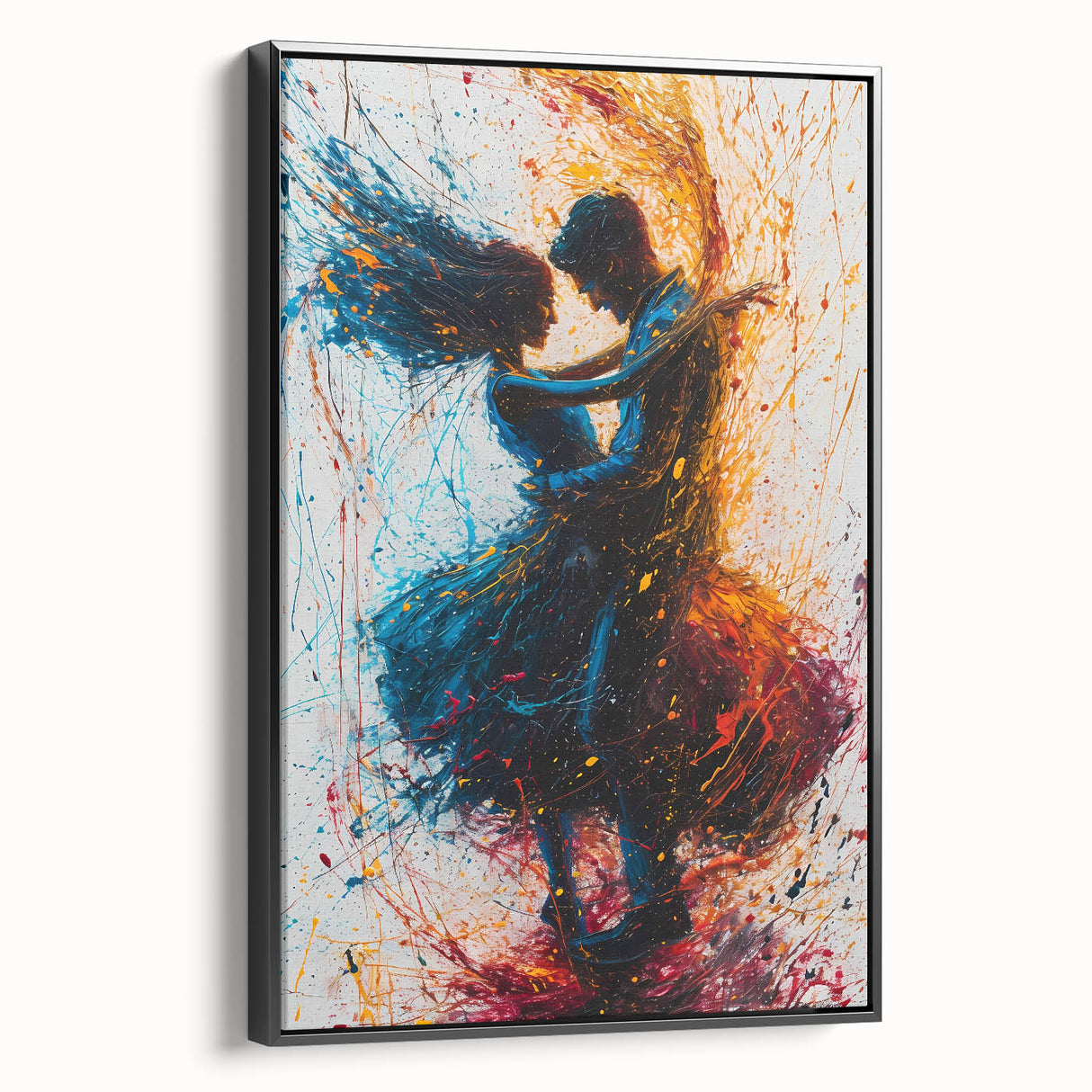 Framed abstract figurative wall art featuring bold black and white colors, showcasing dynamic shapes and lines, displayed in a modern setting. Perfect for contemporary decor.