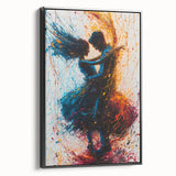 Framed abstract figurative wall art featuring bold black and white colors, showcasing dynamic shapes and lines, displayed in a modern setting. Perfect for contemporary decor.
