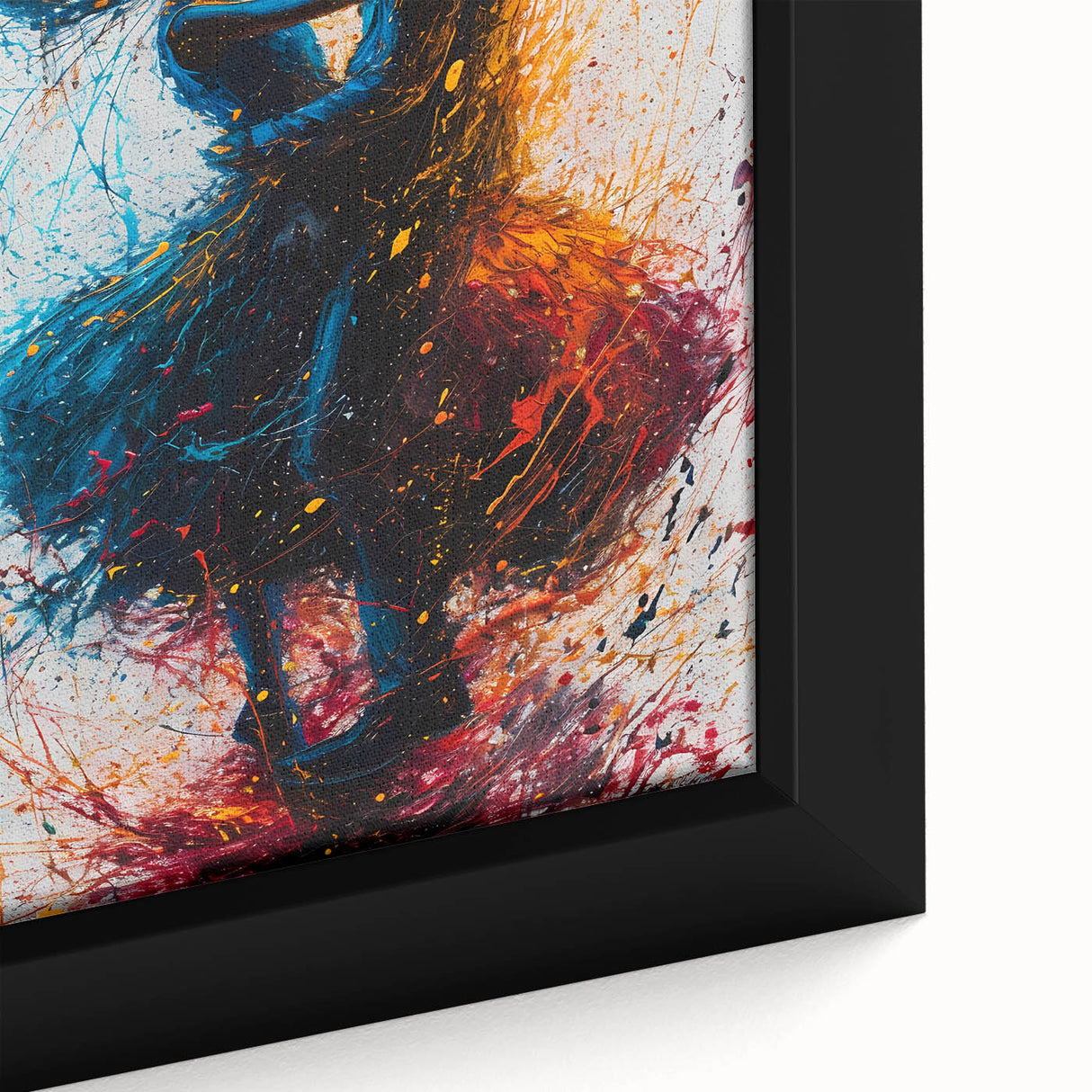 Close-up of a vibrant abstract figurative wall art piece featuring bold colors and intricate details, framed on a modern canvas, ideal for contemporary decor.