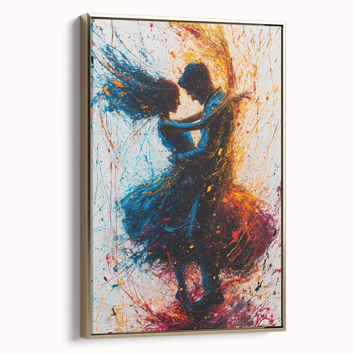 Framed abstract figurative wall art with a gold border, showcasing vibrant colors and dynamic shapes, perfect for modern home decor and artistic expression.