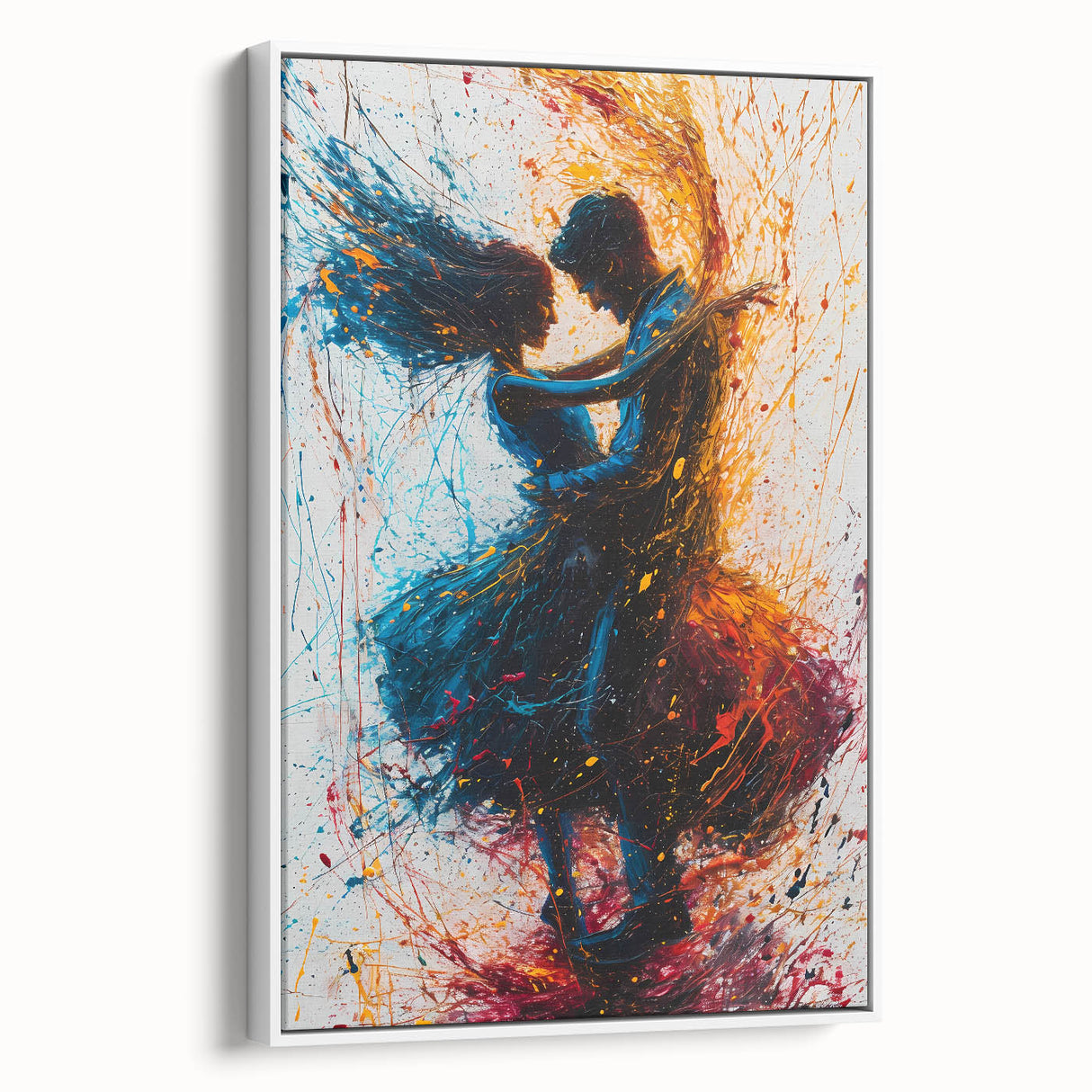Framed abstract figurative wall art canvas in a sleek white frame, showcasing vibrant colors and dynamic shapes, perfect for contemporary home decor.