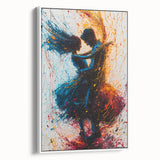Framed abstract figurative wall art canvas in a sleek white frame, showcasing vibrant colors and dynamic shapes, perfect for contemporary home decor.