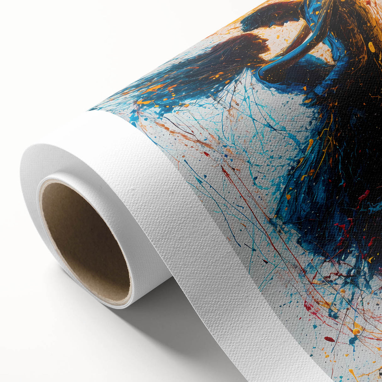 Abstract figurative wall art on rolled canvas, showcasing vibrant colors and dynamic shapes, ideal for modern home decor. Packaged securely in a cardboard tube for safe delivery.
