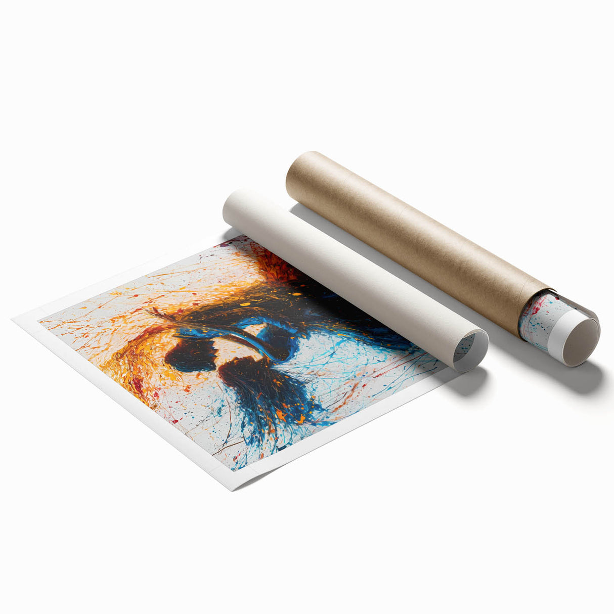 Abstract figurative wall art print showcasing vibrant colors and dynamic shapes, elegantly rolled and ready for display, perfect for modern home decor.