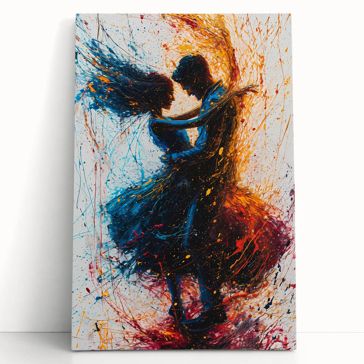 Abstract figurative wall art on stretched canvas, featuring vibrant colors and dynamic shapes, leaning against a neutral background, ideal for modern decor.