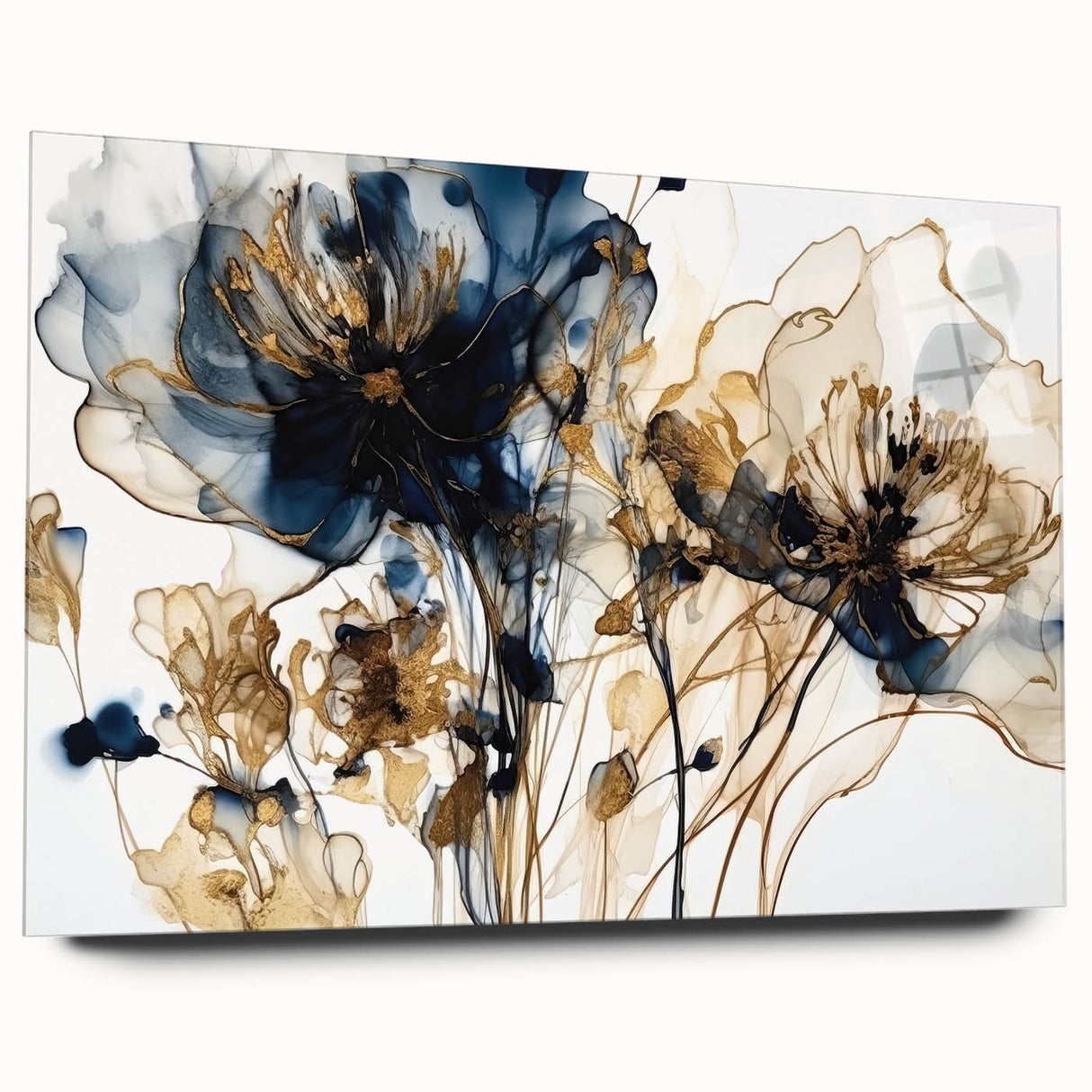 Abstract floral wall art design displayed in a sleek acrylic glass frame, showcasing vibrant colors and intricate patterns, ideal for modern home decor.