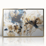 Framed acrylic wall art featuring an abstract floral design in vibrant colors with a luxurious gold frame, ideal for modern home decor and interior styling.