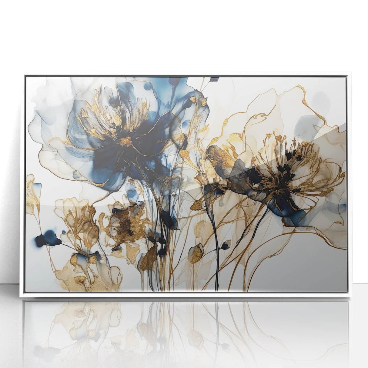 Framed acrylic wall art featuring a vibrant abstract floral design in shades of pink, green, and blue, set against a clean white background, perfect for modern home decor.