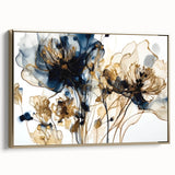 Framed canvas wall art showcasing an abstract floral design with gold accents, viewed from the side. Ideal for modern home decor, it adds elegance to any space.