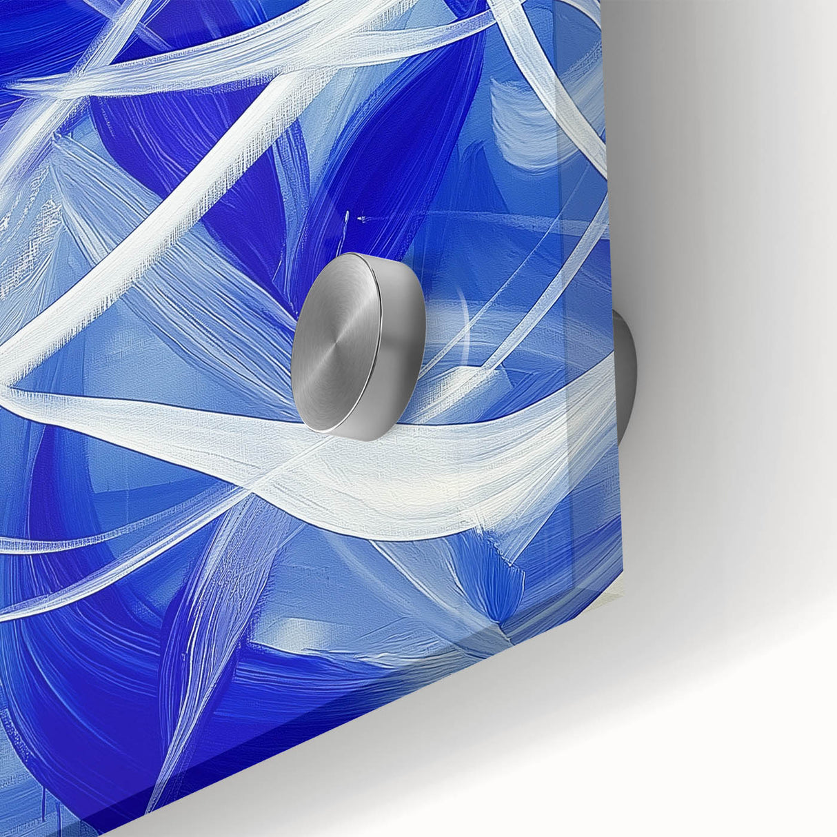Close-up of a vibrant geometric abstract design on acrylic glass, showcasing bold colors and intricate patterns, ideal for modern home decor or art enthusiasts.
