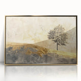 Framed abstract landscape wall art featuring vibrant gold and blue colors, designed to enhance modern home decor and add artistic flair to any room.