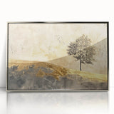 Framed abstract landscape wall art in silver acrylic, showcasing vibrant colors and dynamic shapes, perfect for modern home decor or office settings.