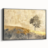 Framed abstract landscape wall art featuring vibrant colors and textured details, displayed with a sleek black frame from a side view. Perfect for modern decor.