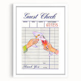 Abstract art print featuring swirling patterns in muted blue and cream tones, framed in white, ideal for dining room decor.