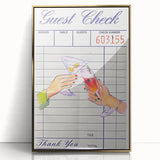 Large art print of a mid-century modernist food and drinks motif in gold and black tones, framed in acrylic.