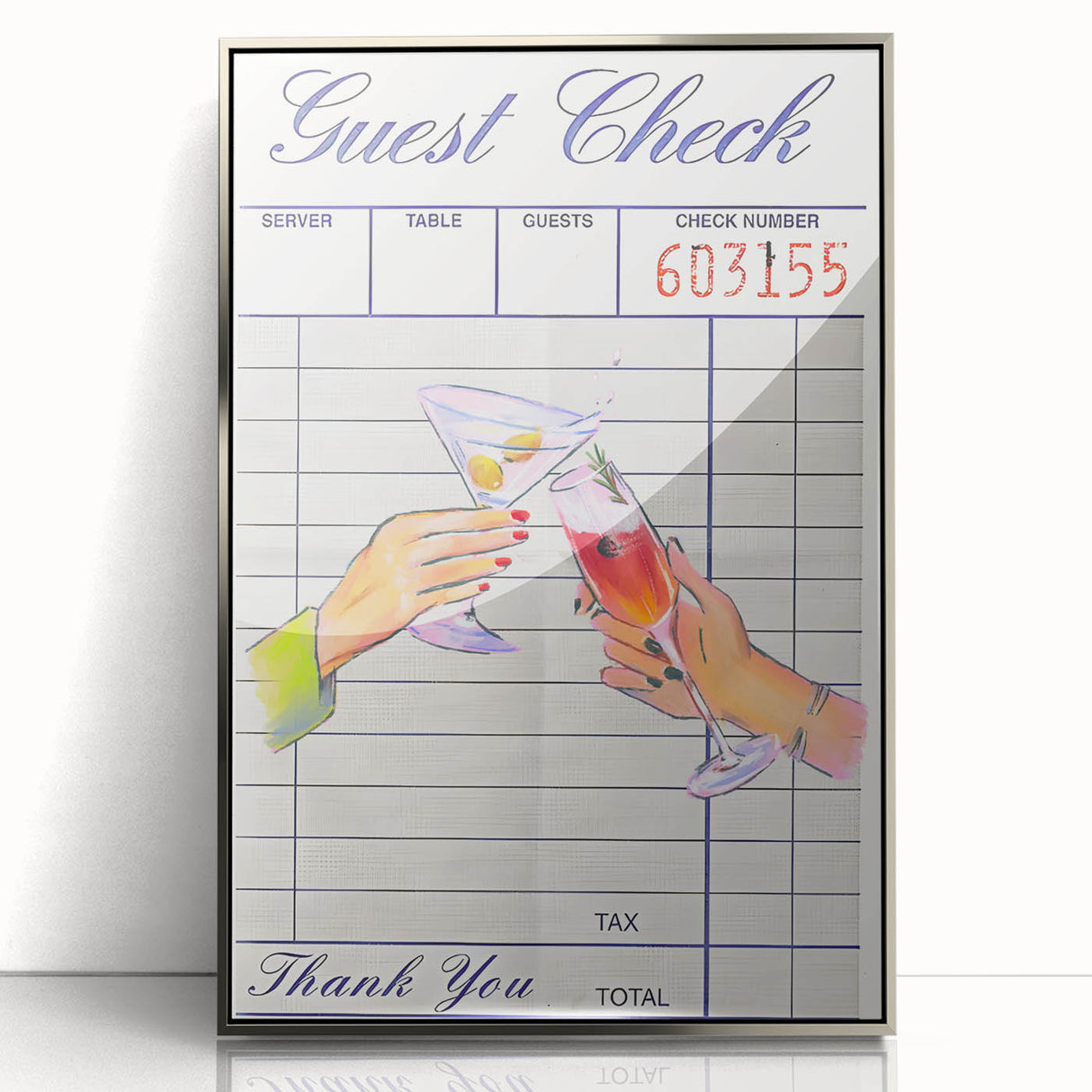 Mid-century modernist art deco poster of food and drinks, in muted colors on a silver-framed acrylic.
