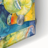 Close-up of large abstract acrylic glass art featuring assorted fruits in vibrant colors, ideal for dining room decor.