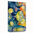 Large abstract wall art featuring an assortment of fruits in vibrant colors on acrylic glass, ideal for dining room decor.