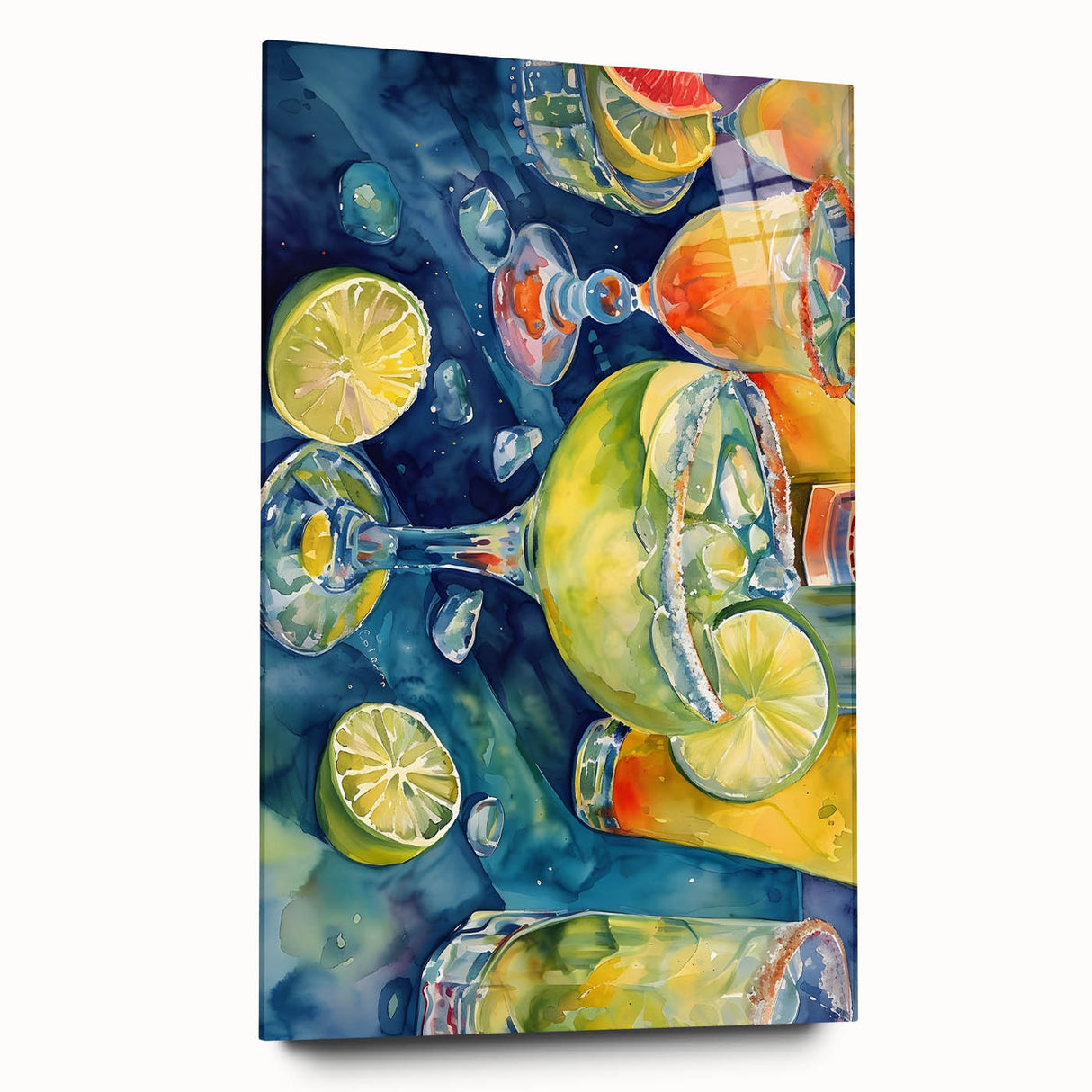Large abstract wall art featuring an assortment of fruits in vibrant colors on acrylic glass.