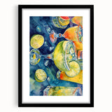 Extra large abstract art print featuring colorful, textured fruits on a black framed canvas, ideal for living room decor.