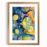 Extra large abstract art print featuring textured fruits in vibrant colors, framed in gold, ideal for living room decor.