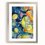 Textured abstract art print featuring an assortment of fruits in muted earth tones, framed in silver.