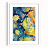 Abstract art print of assorted fruits in vibrant colors, framed with a white mat, ideal for dining room decor.