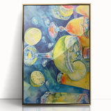Large art print of assorted fruits in vibrant colors on a gold-framed acrylic, mid-century modernist style.