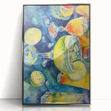 Mid-century modernist art featuring an array of fruits in vibrant colors on a silver-framed acrylic.
