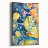 Framed canvas featuring a vintage poster of assorted fruits in rich gold and black tones, suitable for bedroom wall art.