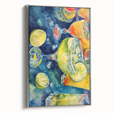 Landscape art painting of colorful fruits on a black background, framed in silver, suitable for kitchen decor.