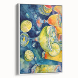 Vintage poster art of colorful fruits on a black background, framed canvas, ideal for living room decor.