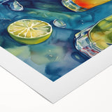 Art deco poster featuring an assortment of vibrant fruits on a rolled canvas, ideal for dining room wall art.