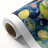 Art Deco style poster featuring an array of colorful fruits on rolled canvas.