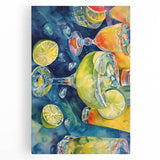 Black and white image of assorted fruits on stretched canvas, ideal for kitchen wall art.