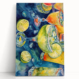 Black and white stretched canvas featuring an assortment of fruits, ideal for kitchen wall art.