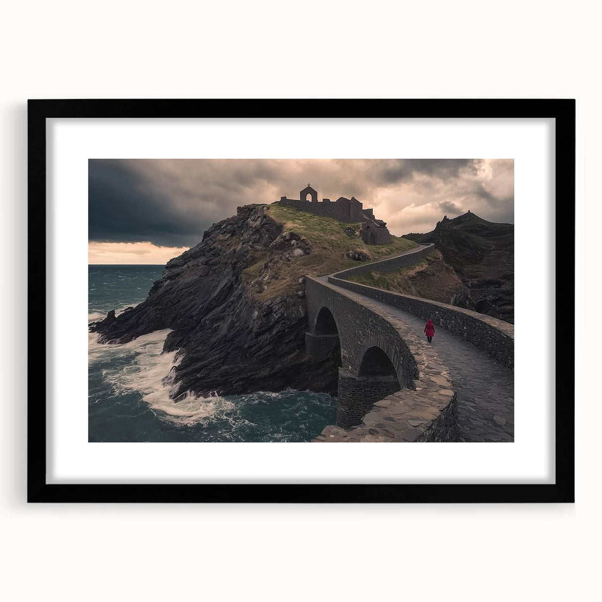 Black landscape bridge frame with mat, showcasing a sleek front view, ideal for enhancing home decor and artwork presentation. Perfect for stylish interiors.