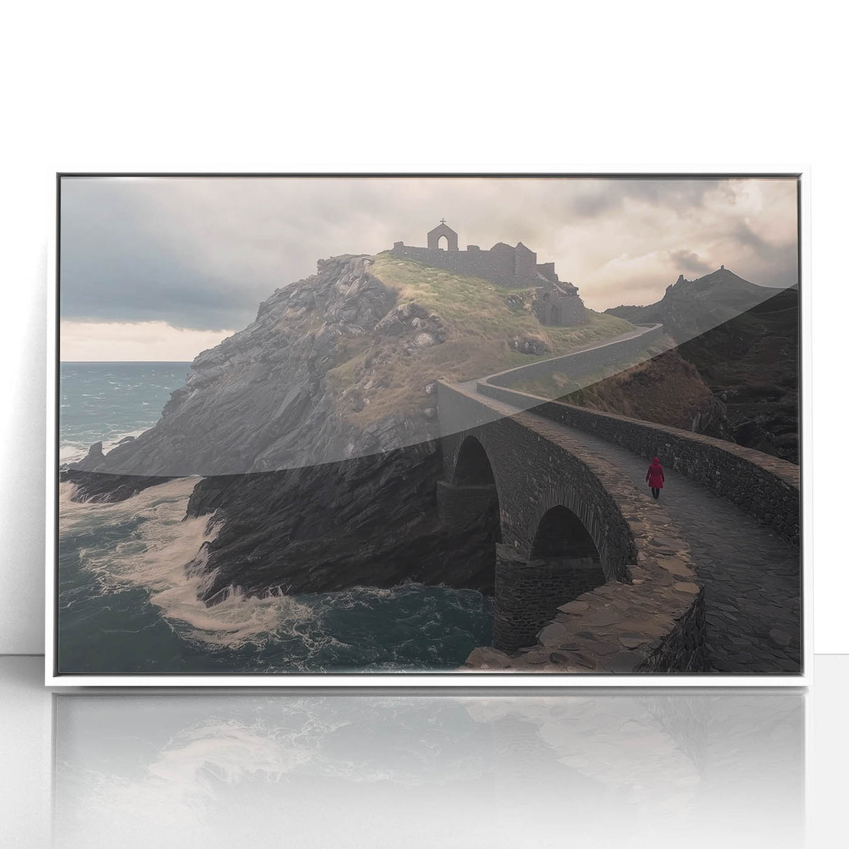 Framed acrylic artwork depicting a serene landscape bridge scene, featuring vibrant colors and intricate details, ideal for enhancing home décor and art collections.