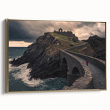 Framed canvas artwork showcasing a striking landscape bridge design in gold tones, set against a serene backdrop. Ideal for modern home decor, enhancing any space with elegance.