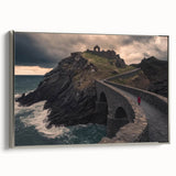Framed canvas artwork depicting a serene landscape bridge scene, showcasing a silver frame and vibrant colors, ideal for home decor or office enhancement.